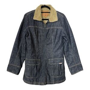 Guess Womens Y2K Vintage Dark Wash Sherpa Lined Full Zip Denim Jacket Medium